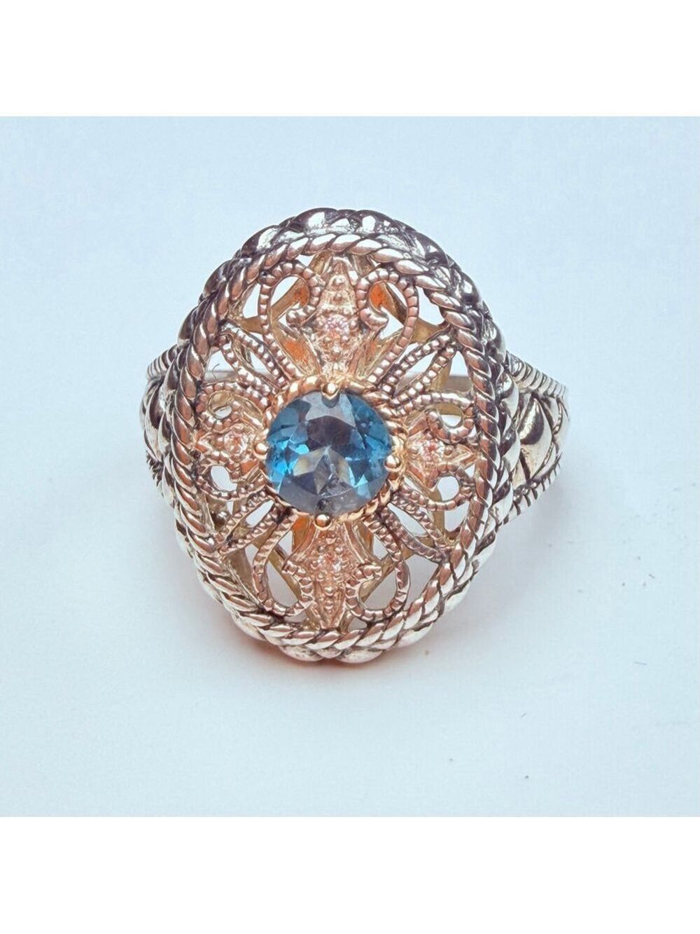 14K Gold Edwardian Revival Topaz & Cubic Zirconia Sterling Silver 925 VTG Ring